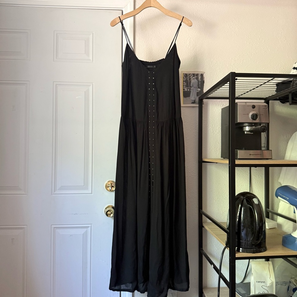 INDAH black rayon smocked back‎ snap button up studded sleeveless maxi dress